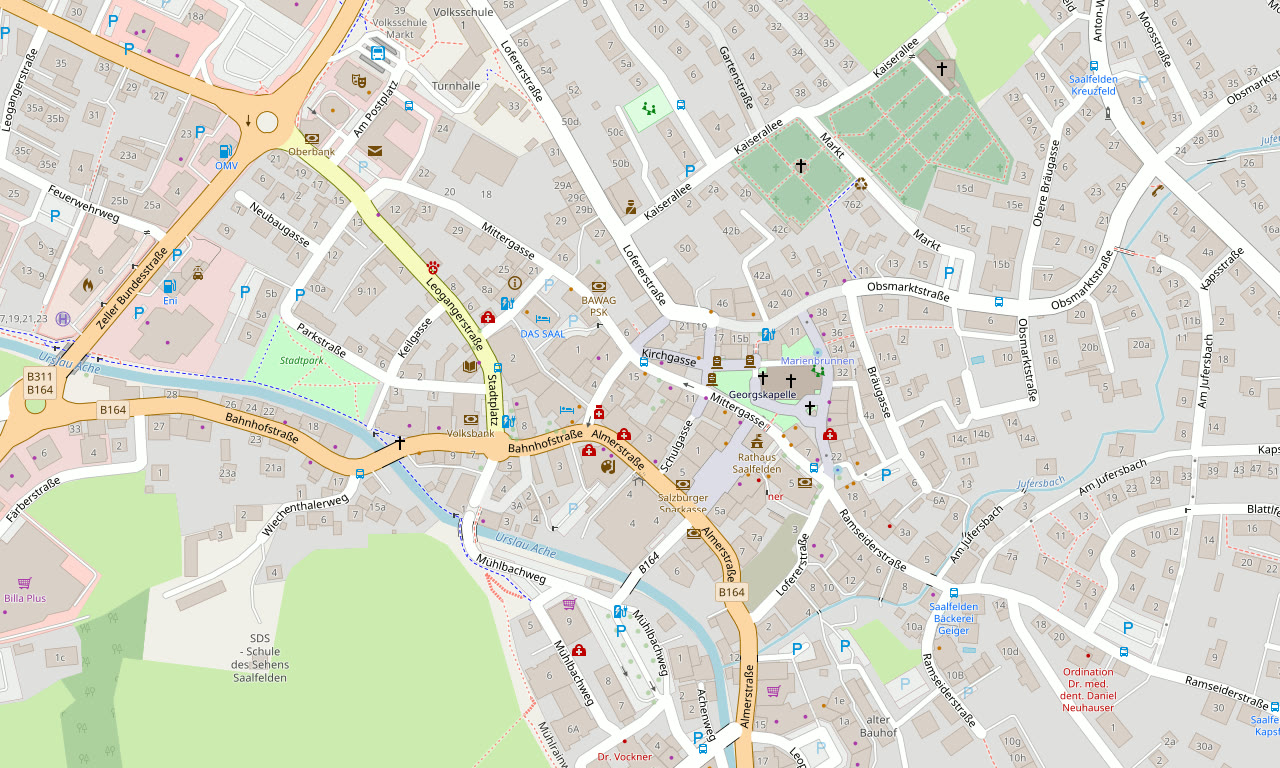 Karte: Lofererstraße 42a, 5760 Saalfelden – Standort der Ordination und Parkplätze in der Umgebung
